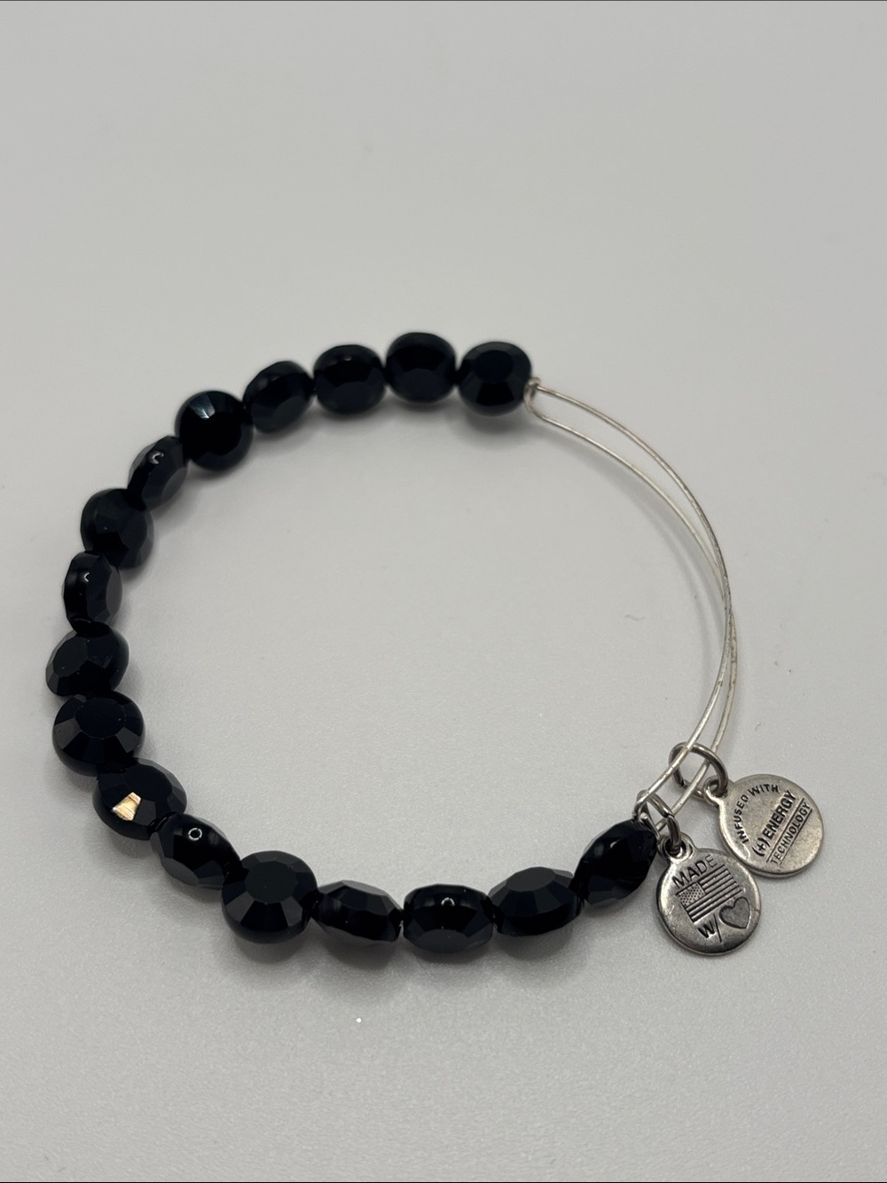 Alex and Ani Faceted Black Bead Expandable Bracelet with Silver Charms